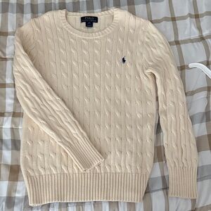Polo by Ralph Lauren Cream Cable-Knit Crewneck Sweater with Navy Logo